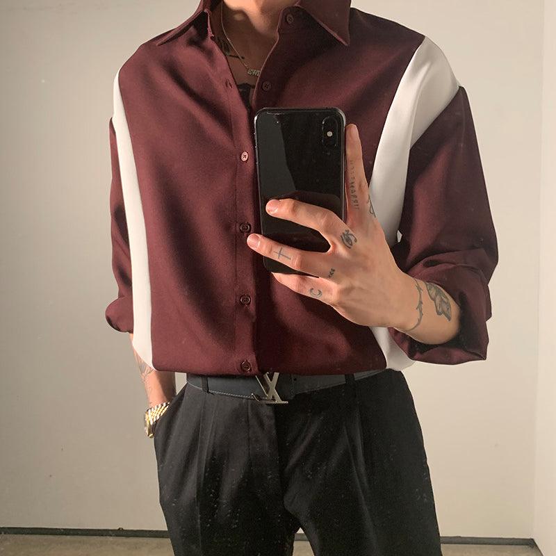 Wine red men’s long-sleeve shirt with point collar, button front, and button cuffs