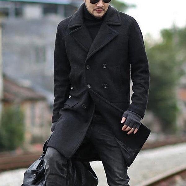 Men's black double-breasted wool trench coat with notched lapels and front buttons