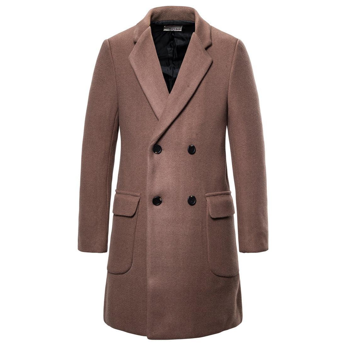 Men's double-breasted wool trench coat, light brown with black buttons and flap pockets.