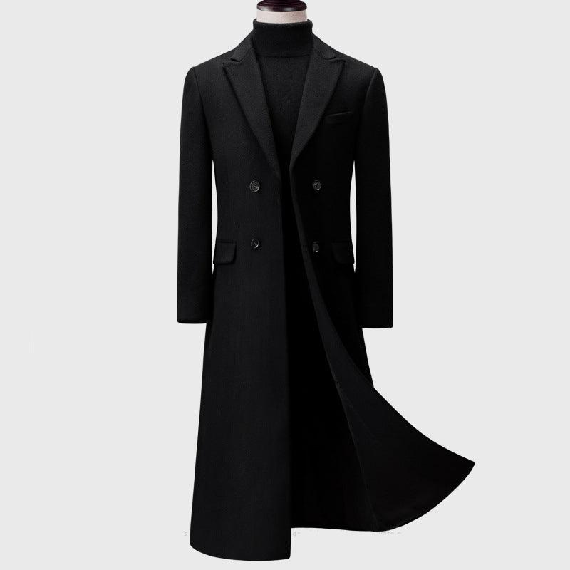 Black wool trench coat with notched lapels and flap pockets