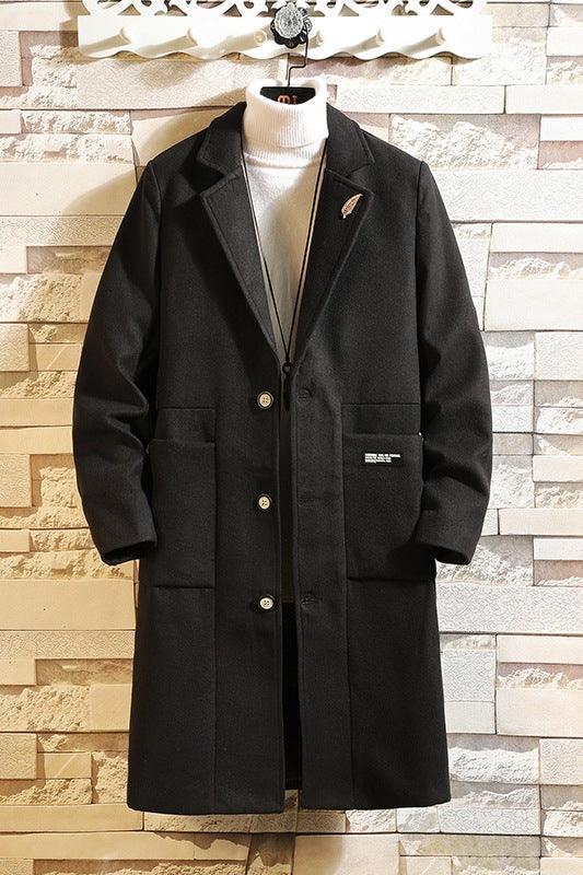 Men's wool trench coat, black long coat with notch lapels and button front
