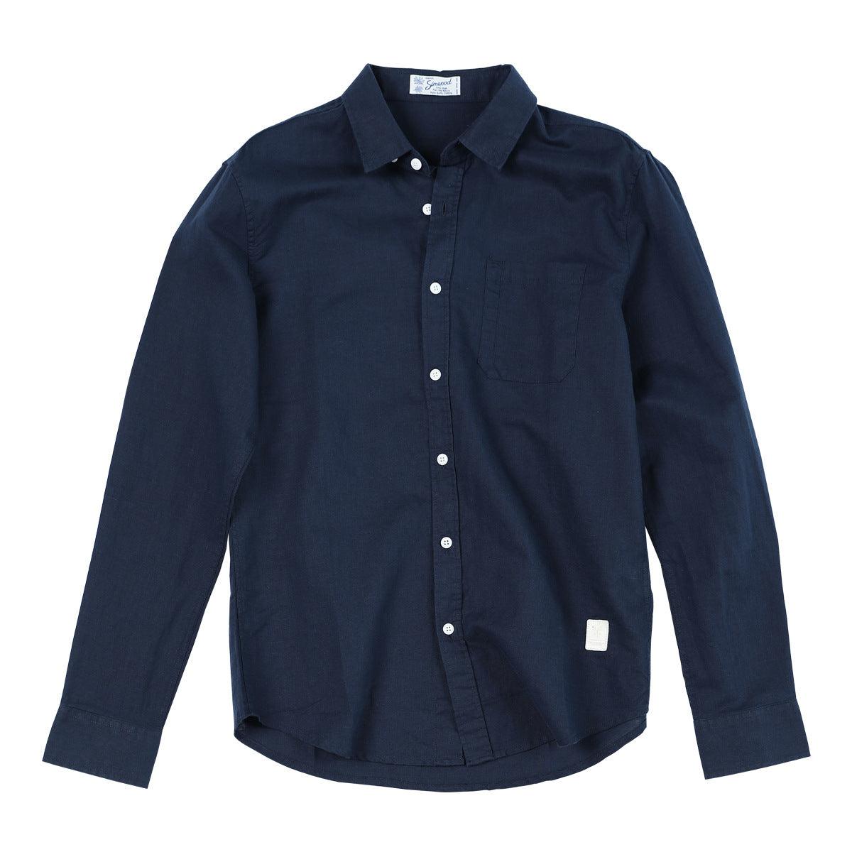 Men's cotton-linen button-up shirt in dark navy blue, long sleeves, chest pocket.
