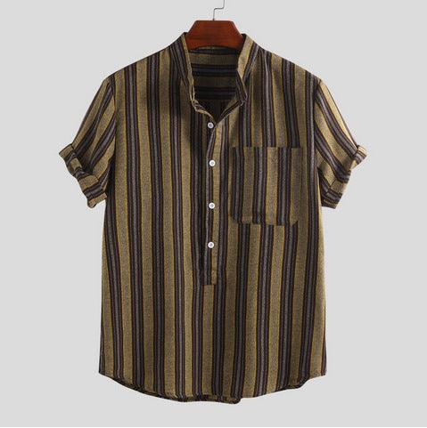 Men's striped Hawaiian shirt, short sleeves, button-front, chest pocket, khaki gold.