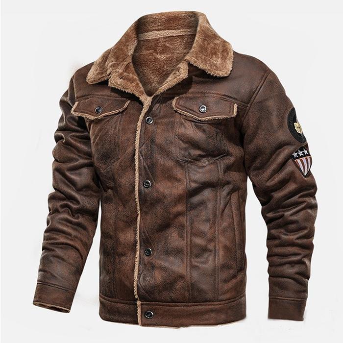 Men's brown shearling-collar jacket with button front, two chest pockets, long sleeves