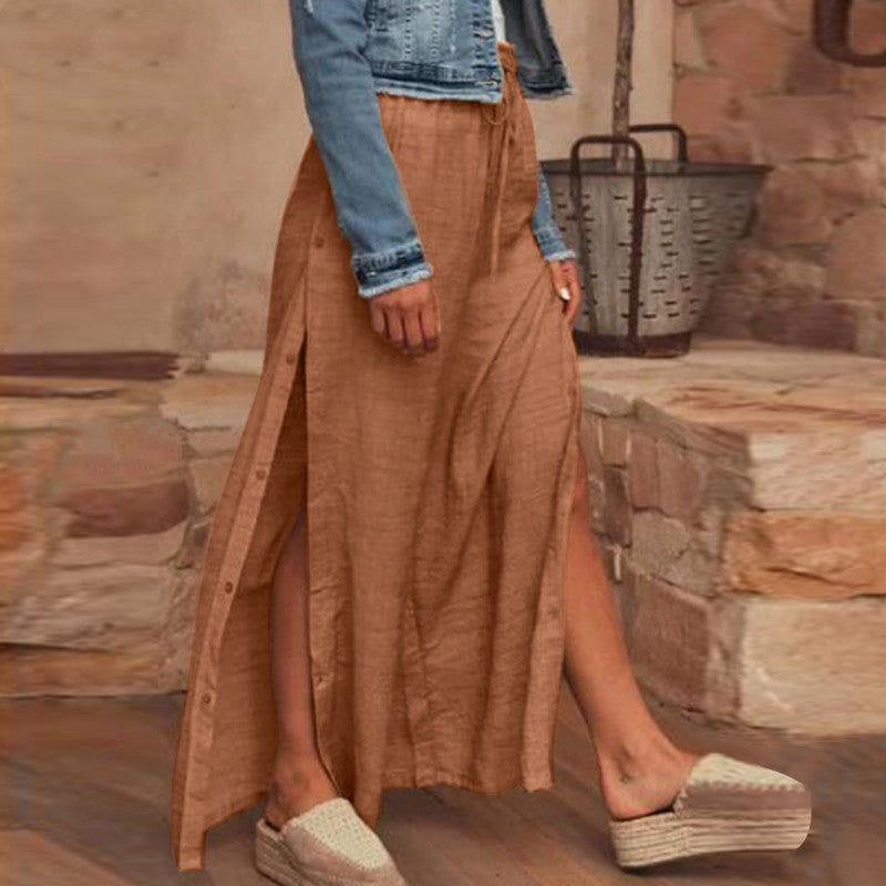 Cotton and linen loose plus size wide leg pants - WOMONA.COM