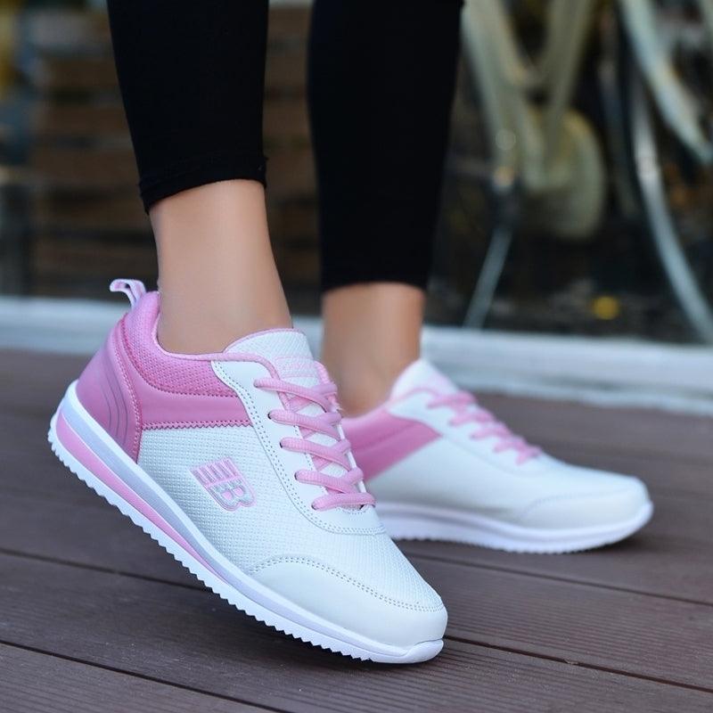 Women’s leather lace-up student sneakers, pink and white with blue side stripe