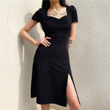 Neck Pleated Waist Slim Dress - WOMONA.COM