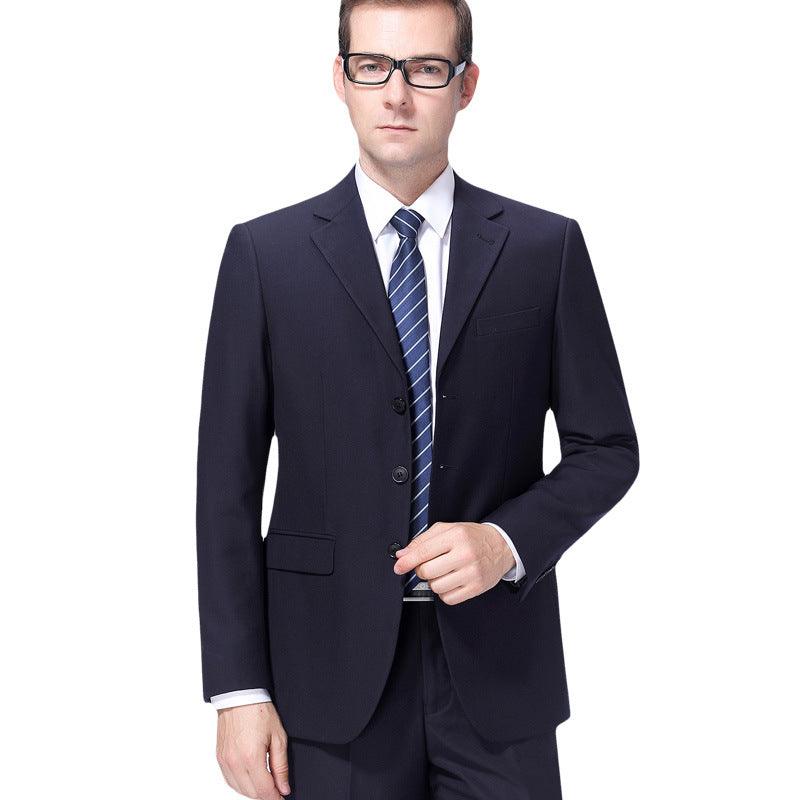 Men's black business suit blazer with two-button front and striped tie