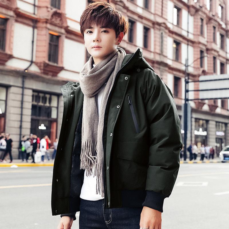 Dark green hooded oversized cotton coat with button front and chest pockets