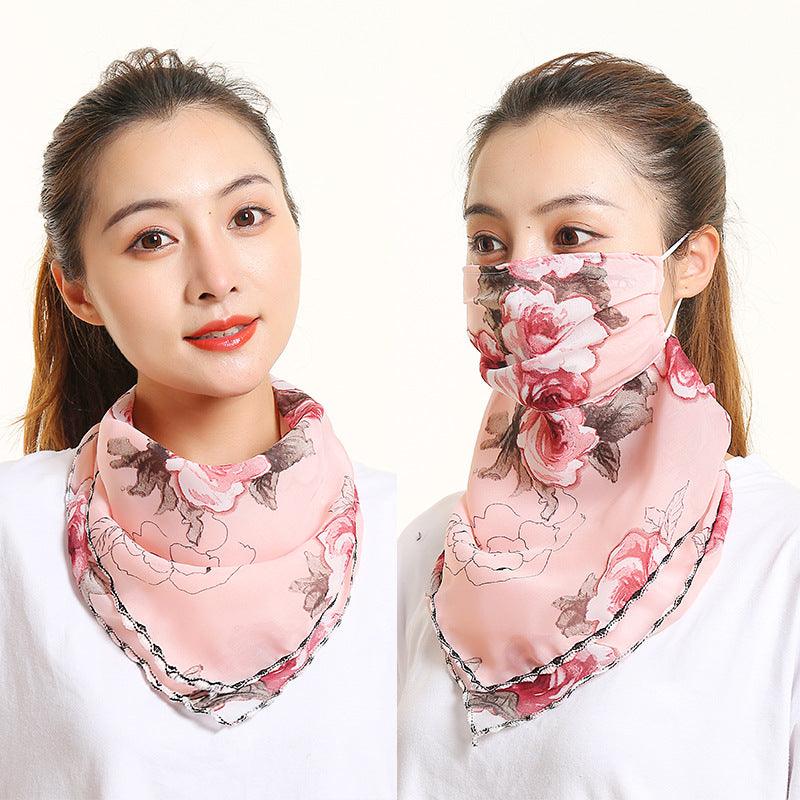 Women’s silk scarf, pink rose floral print with black trim edge