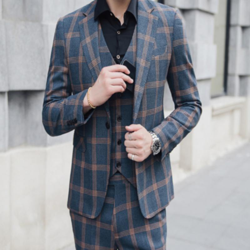 Plaid blazer with matching vest and trousers, dark blue and tan grid pattern