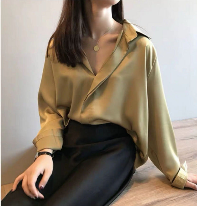 Silk satin v-neck chiffon shirt - WOMONA.COM