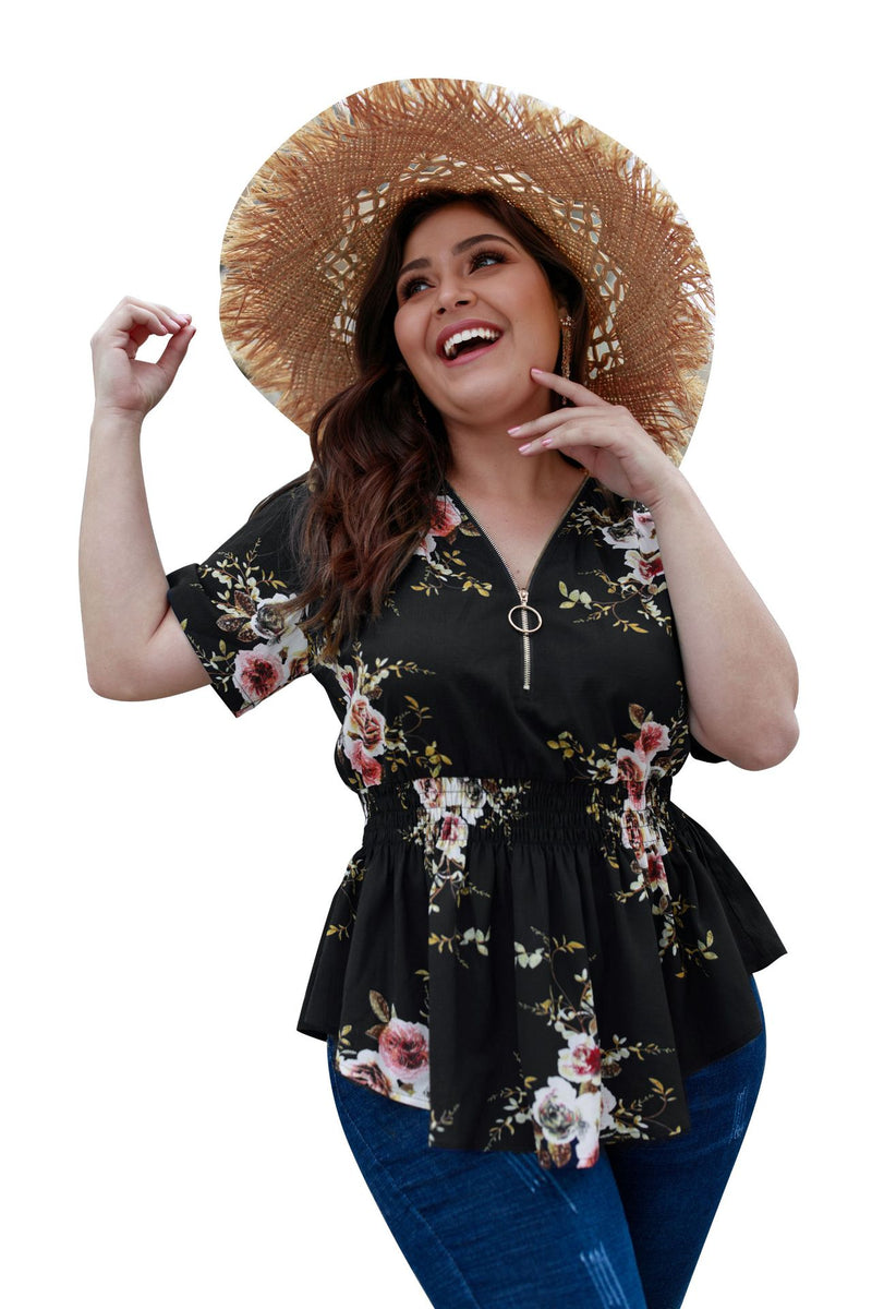 V-neck plus size shirt print top - WOMONA.COM