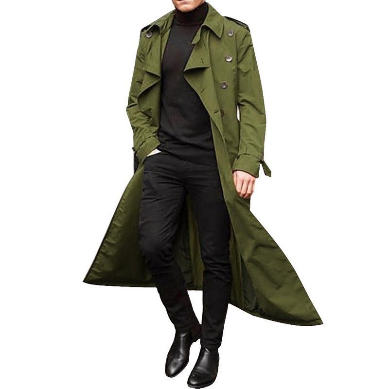 Green men’s trench coat with notched collar, double-breasted buttons, long flared silhouette