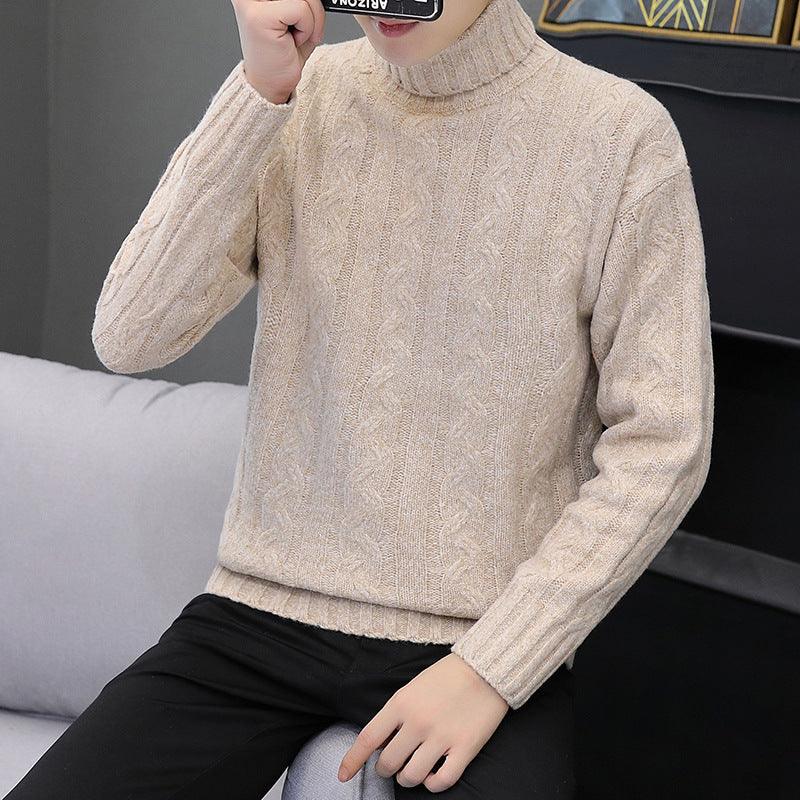 Beige loose knit high-neck sweater with ribbed collar and long sleeves