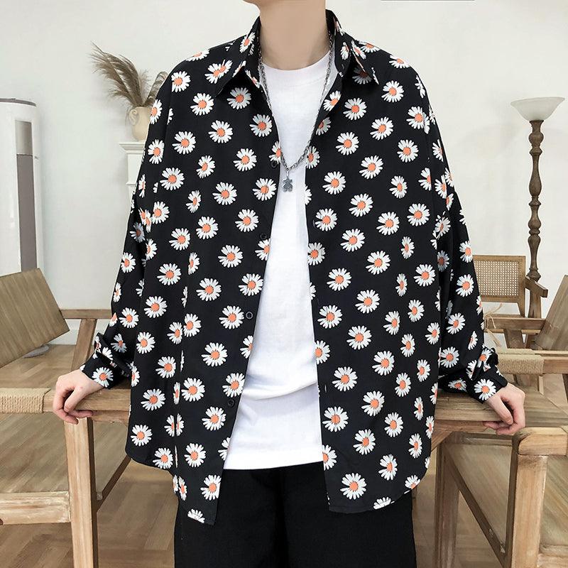 Men's black daisy-print button-up shirt with long sleeves and open collar