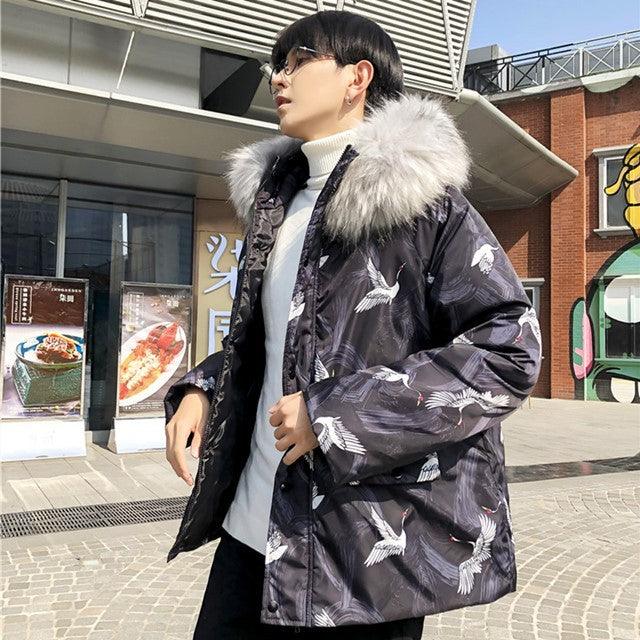 Printed cotton winter parka coat in dark gray with white bird print and faux fur hood trim