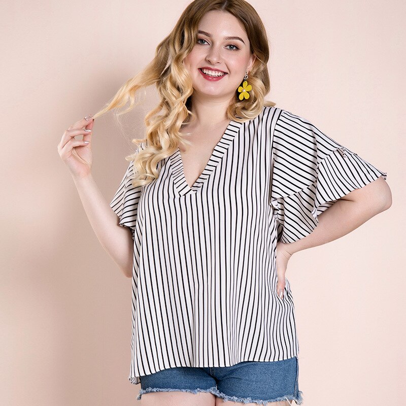 Plus size women's striped top T-shirt - WOMONA.COM