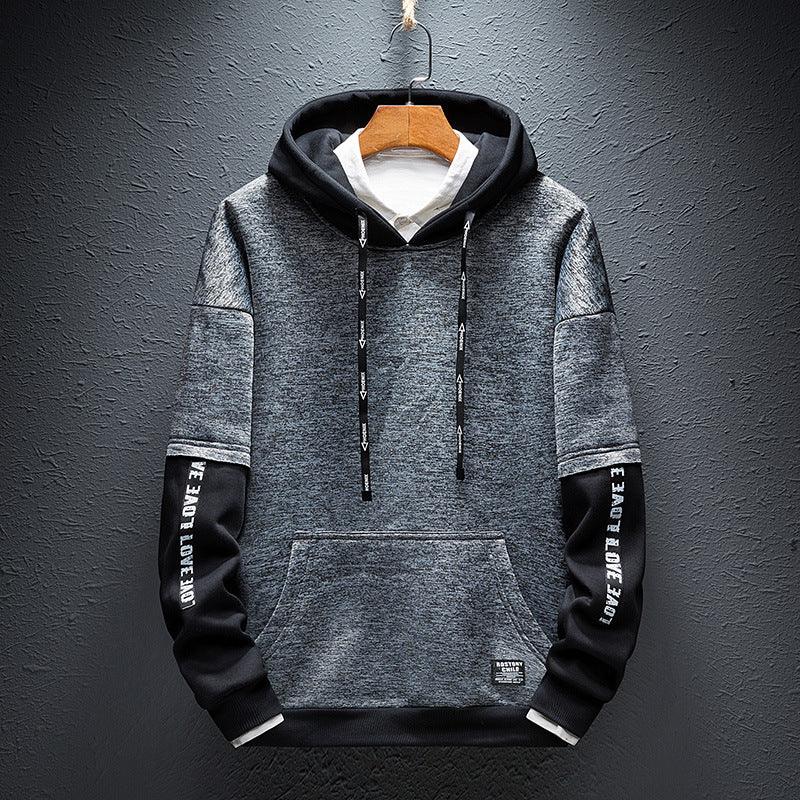 Boys heather gray pullover hoodie with black sleeve panels, drawstring hood, kangaroo pocket