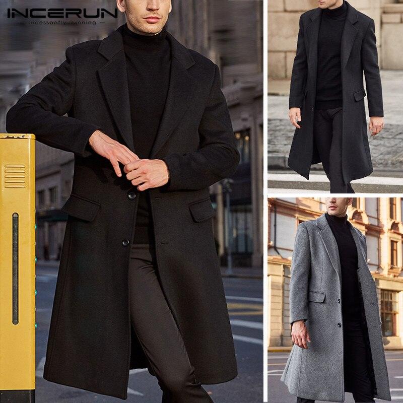 Black long wool trench coat with notch lapels, front buttons, and side pockets.