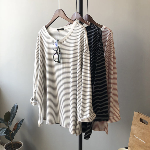 Striped top with split T-shirt - WOMONA.COM