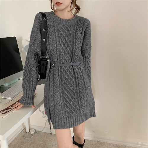 Belt Long-sleeved Mid-length Sweater - WOMONA.COM