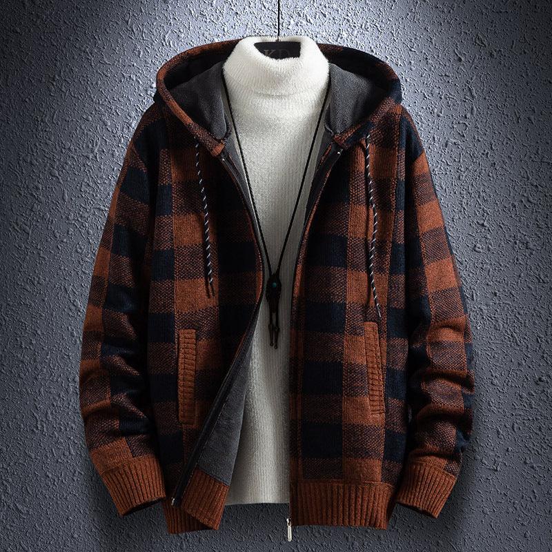 Brown plaid hooded zipper jacket with knit cuffs and front pockets