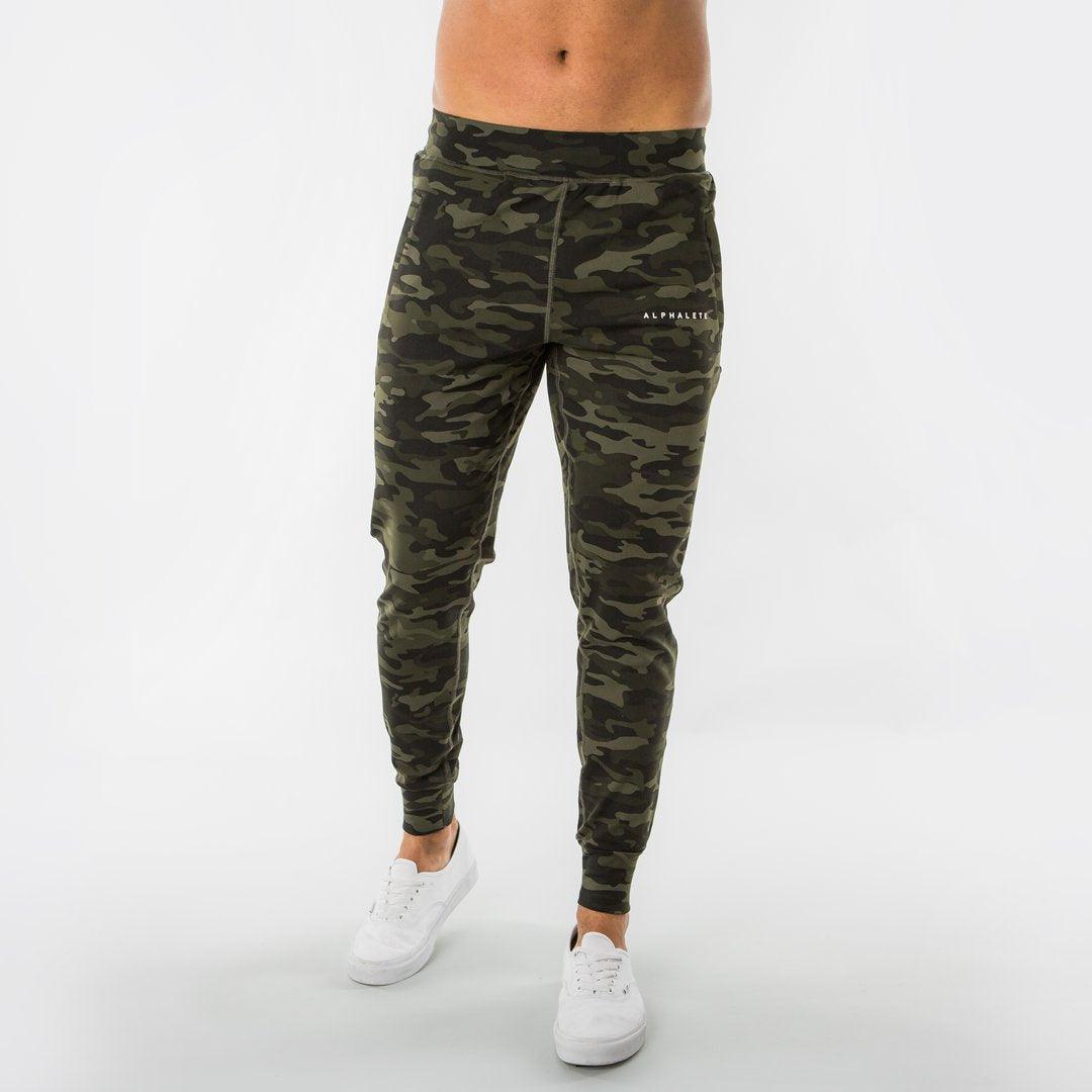 Men's olive camouflage trousers, slim fit with tapered legs and ankle cuffs