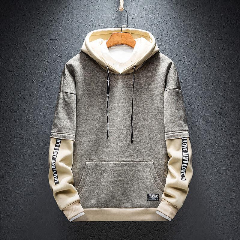 Boys heather gray pullover hoodie with off-white hood lining, drawstring, kangaroo pocket