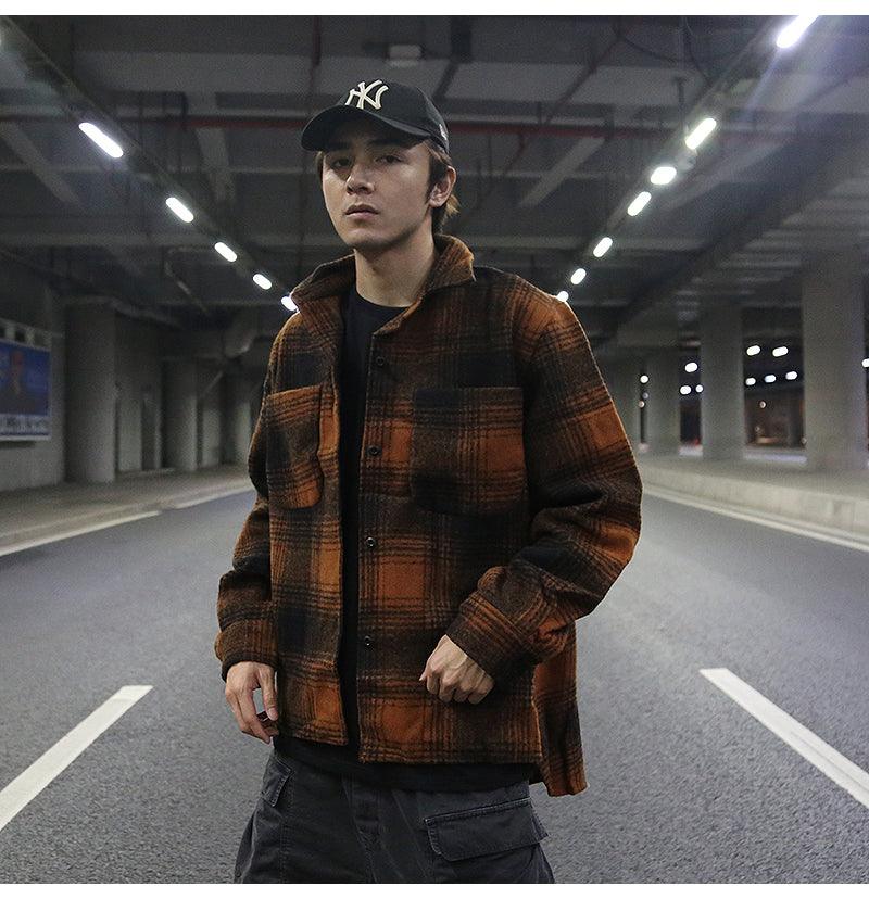 Coffee-brown plaid wool jacket with button-front, stand collar, and chest pocket