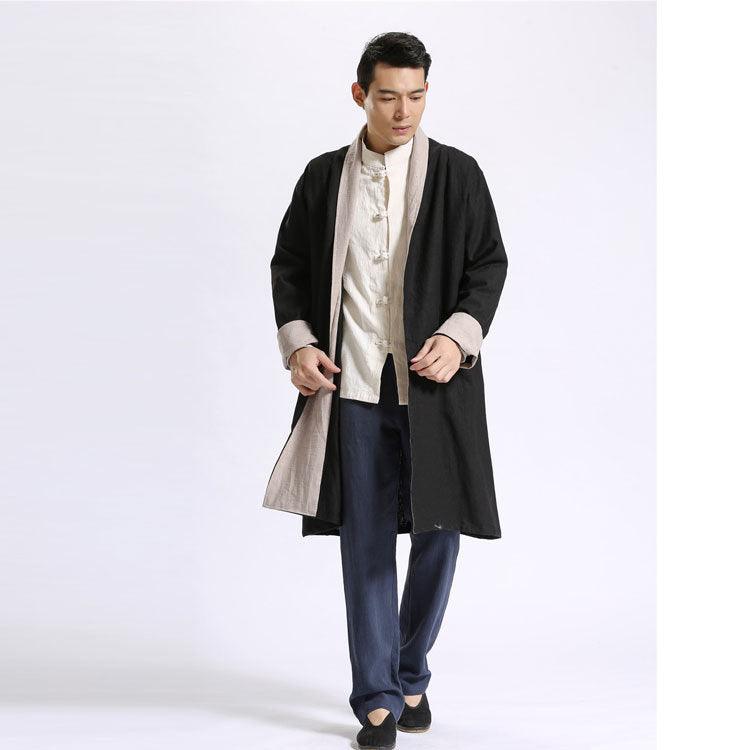 Long black linen cardigan with open front and grey inner lining, long sleeves