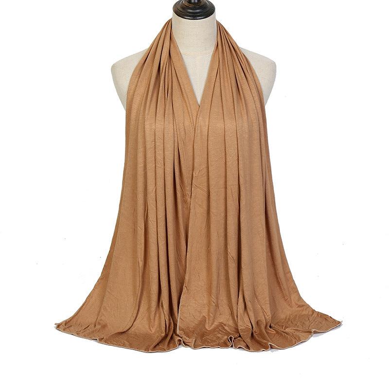 Mercerized cotton ladies headscarf in camel, soft pleated drape around neck