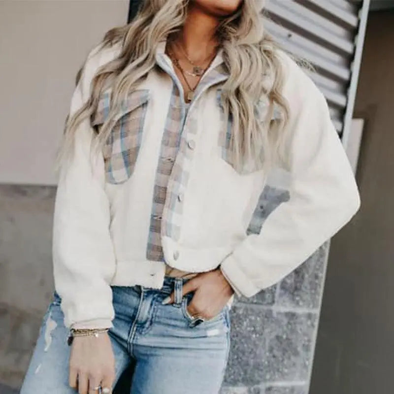 Beige wool coat with button-front, blue plaid chest pockets and side pockets