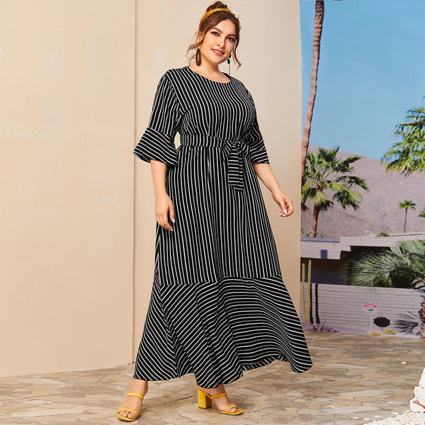 Plus size round neck striped dress - WOMONA.COM