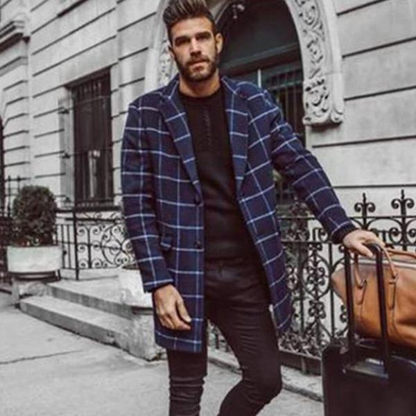 Men's navy plaid trench coat, open front with notched lapels and long sleeves