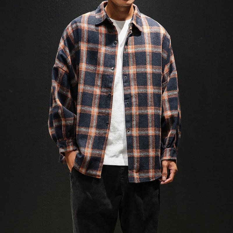 Men's dark plaid long-sleeve button-up shirt with rust and blue lines, button front