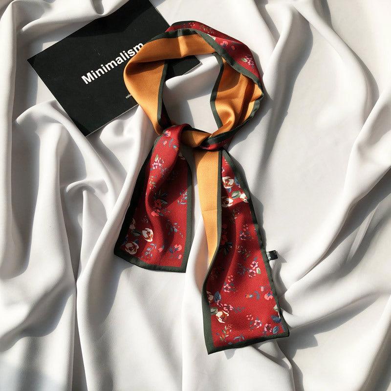 Korean floral small scarf, red with orange and green border, knot-style bow