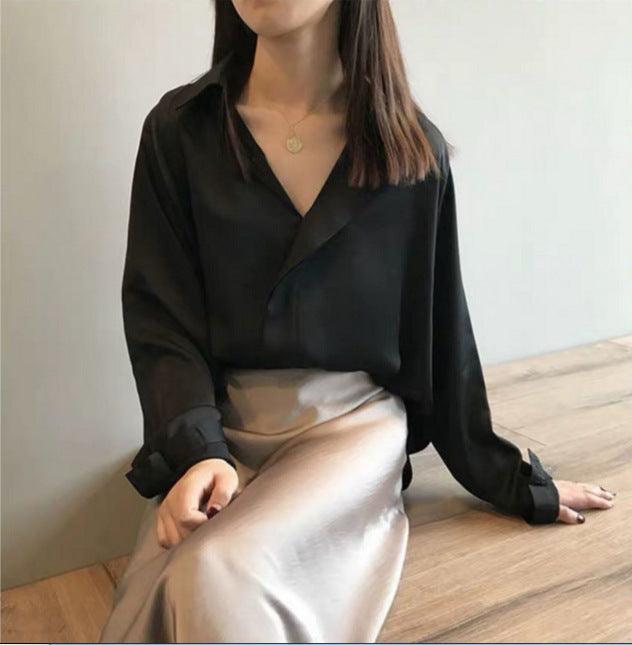 Silk satin v-neck chiffon shirt - WOMONA.COM