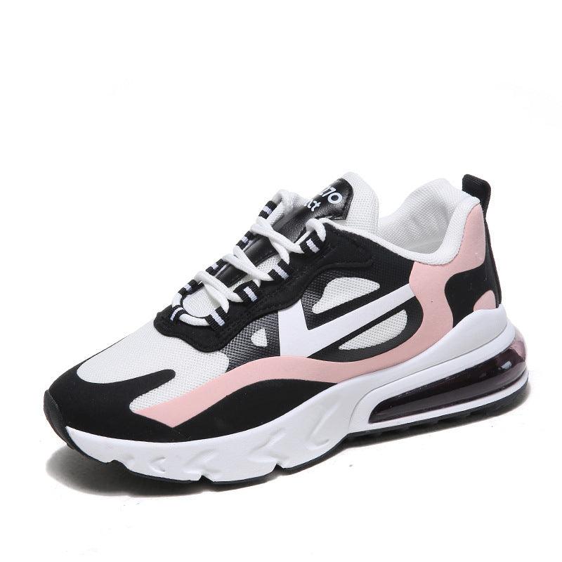 Women’s chunky sneakers, black and light pink with white laces and thick white sole