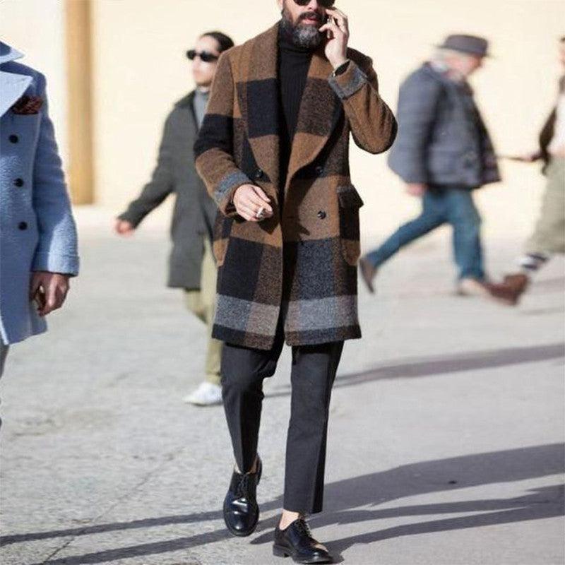 Men's brown plaid trench coat with wide lapels and button front, long length