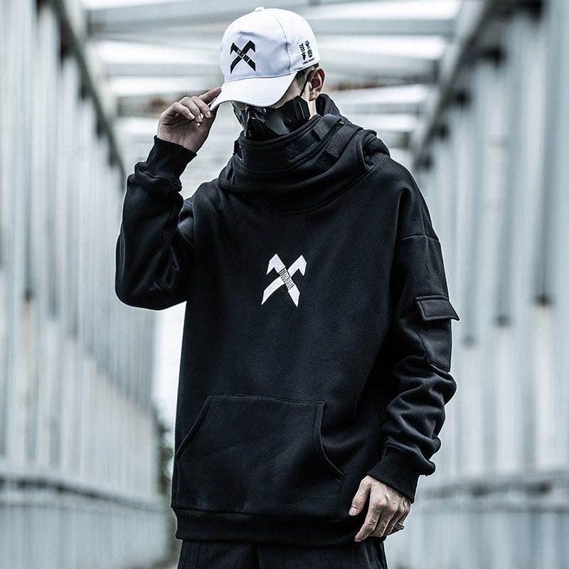 High-collar hooded sweatshirt, black, chest logo graphic and front kangaroo pocket.