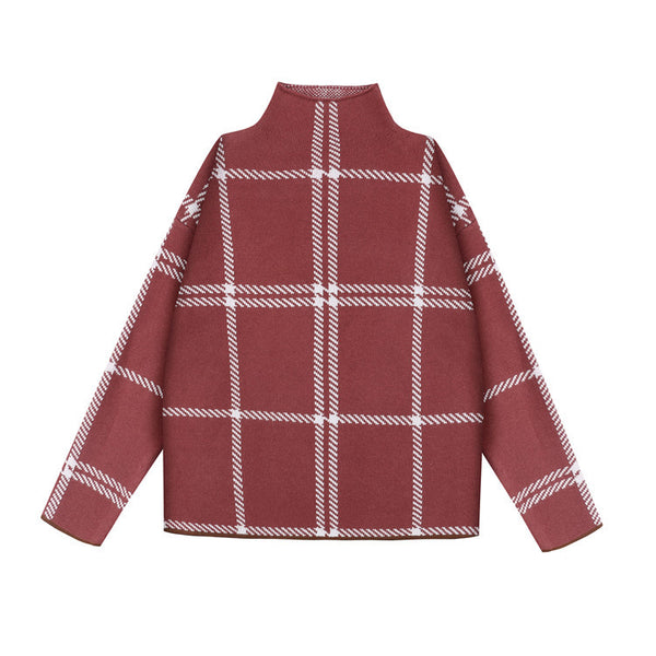 Core-spun high neck plaid sweater - WOMONA.COM