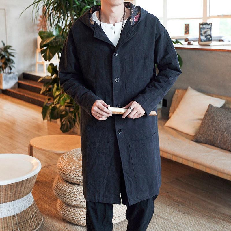 Men's mid-length black windbreaker coat with hood, button front, and side pockets