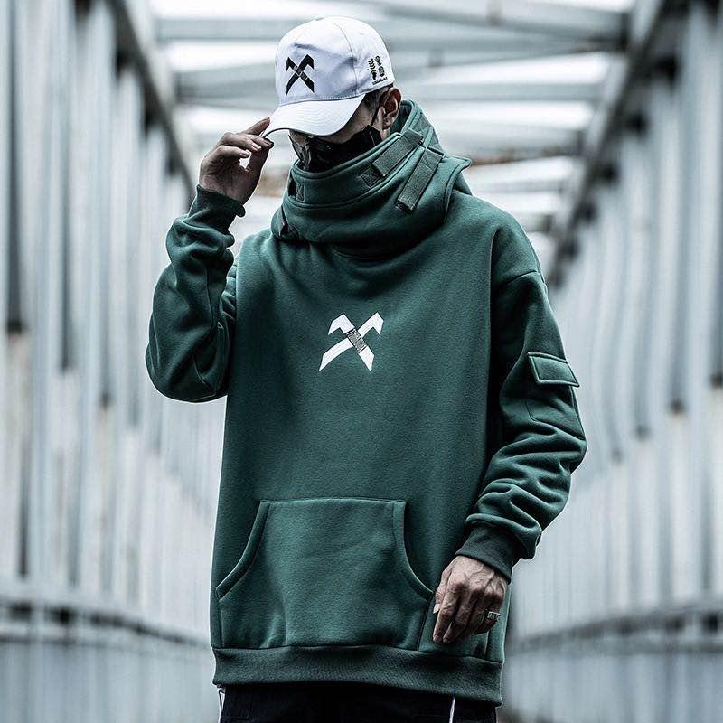 High-collar hooded sweatshirt, dark green, chest logo graphic and front kangaroo pocket.