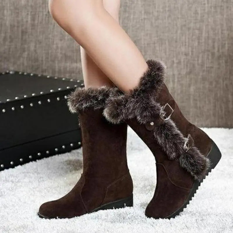 Mid-calf suede fur boots with dark faux-fur cuffs and side buckles, brown
