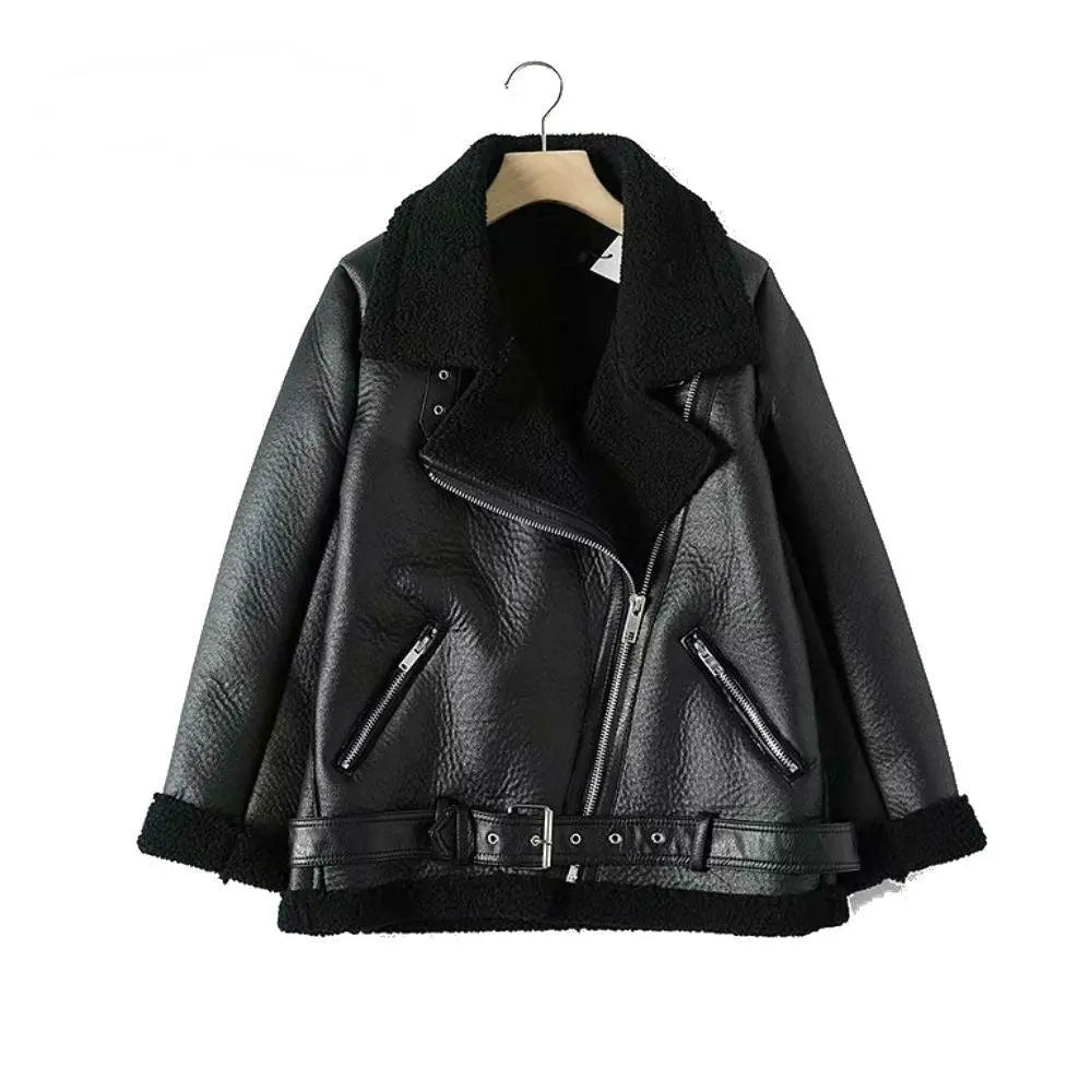 Black faux lamb leather jacket with sherpa collar, front zipper and side zip pockets