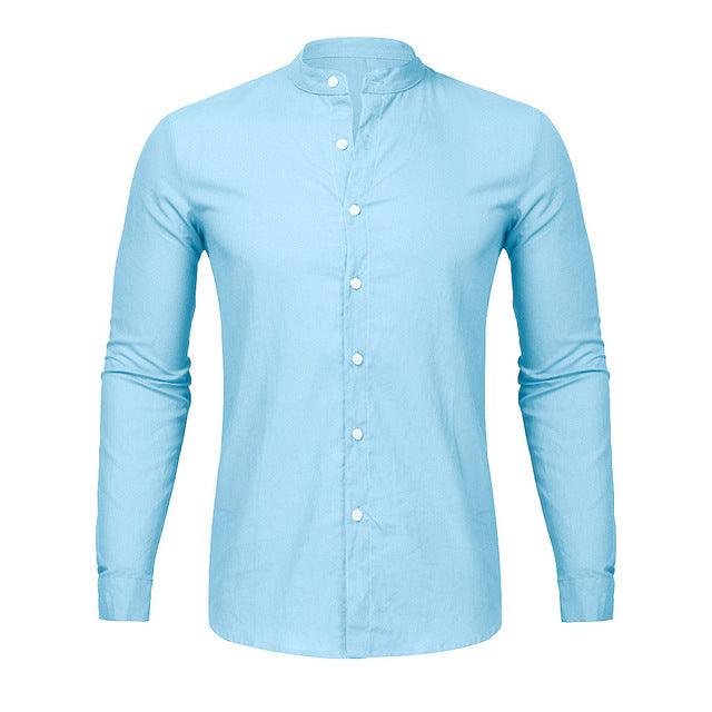 Men's long sleeve button-up shirt in light blue, stand collar with button placket