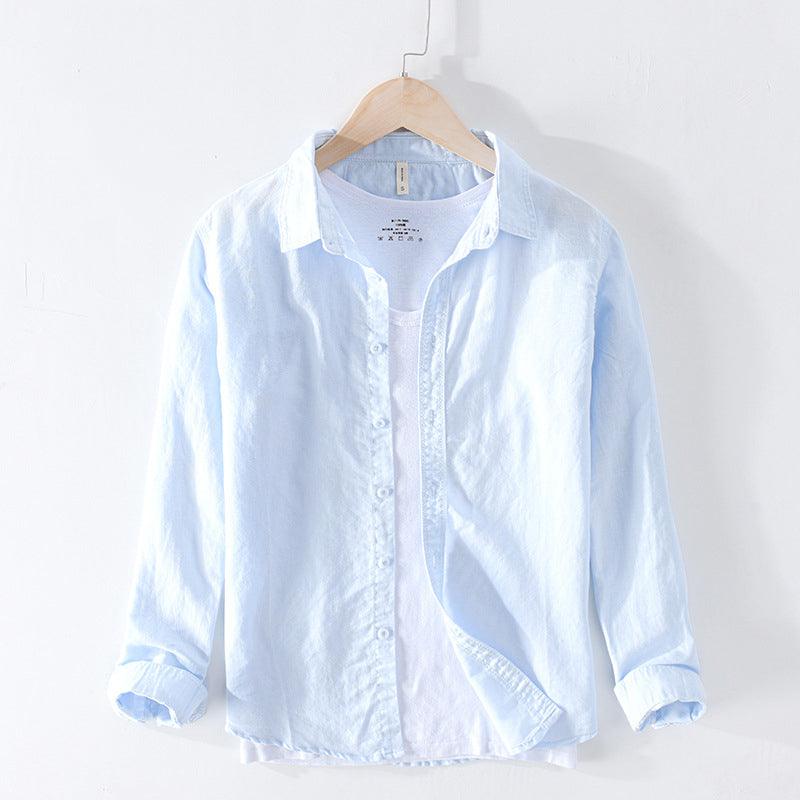 Men’s cotton-linen button-up shirt in pale blue, long sleeves, collared placket