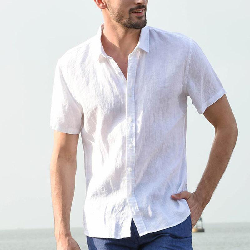 Men’s short-sleeve button-up shirt, solid white, collared with front placket
