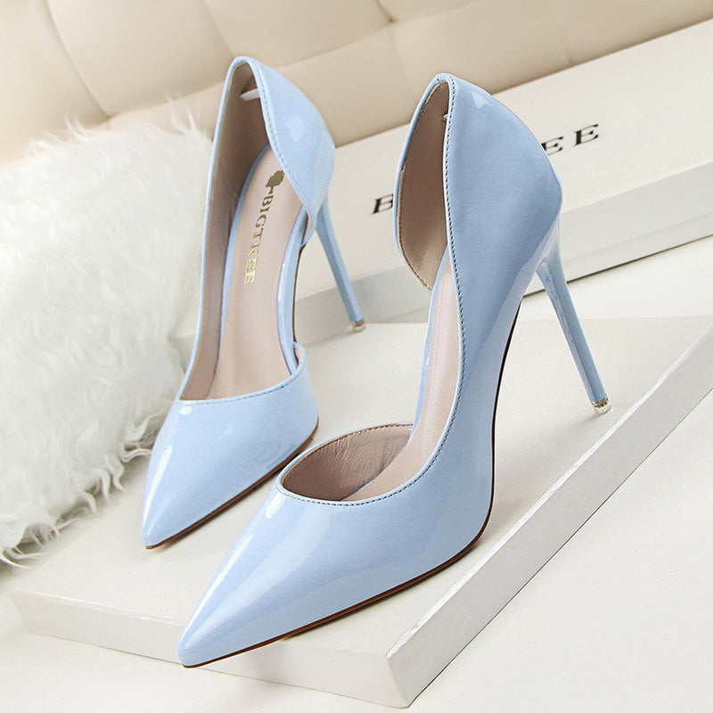 leather shallow pointed high heels - WOMONA.COM